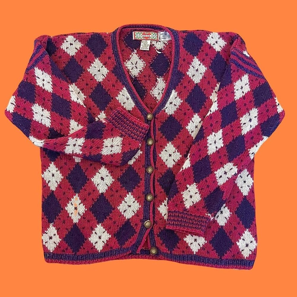 Chunky knit argyle handmade vintage sweater